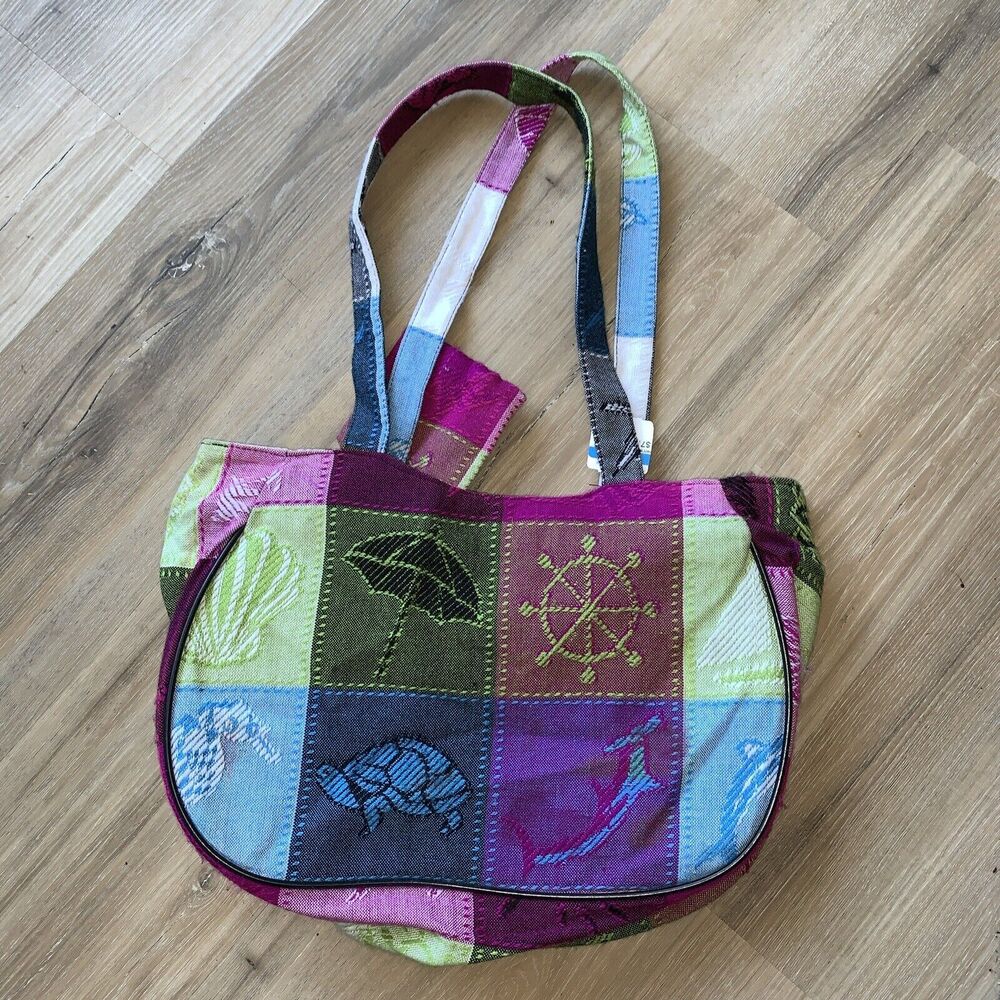 Womens Fabric Tote Bag Multi-Color Squares Zipper Shoulder Purse